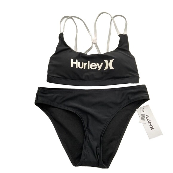 Hurley 2 Piece Swimsuit Black White Accents Moderate Coverage S - Picture 1 of 8